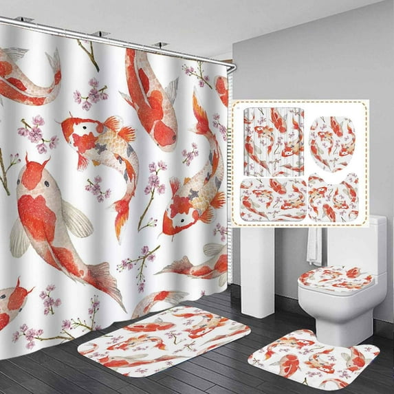4PCS Koi Fish Shower Curtain Sets with Rugs, Waterproof White Fabric Shower Curtain, Colorful Carp Goldfish Pink Floral Cherry Blossom Flower Asian Chinese Traditional Girl Kids Bathroom Decor
