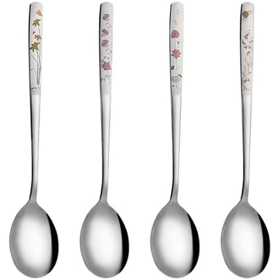 4PCS Korean Spoons with Long Handles 18/8 Stainless Steel Korean Soup Spoon Flowers Asian Soup Spoon for Dinner Rice Coffee Desserts Ice Cream Dishwasher Safe(8 Inch)$$Home Decor, Kitchen, & Other