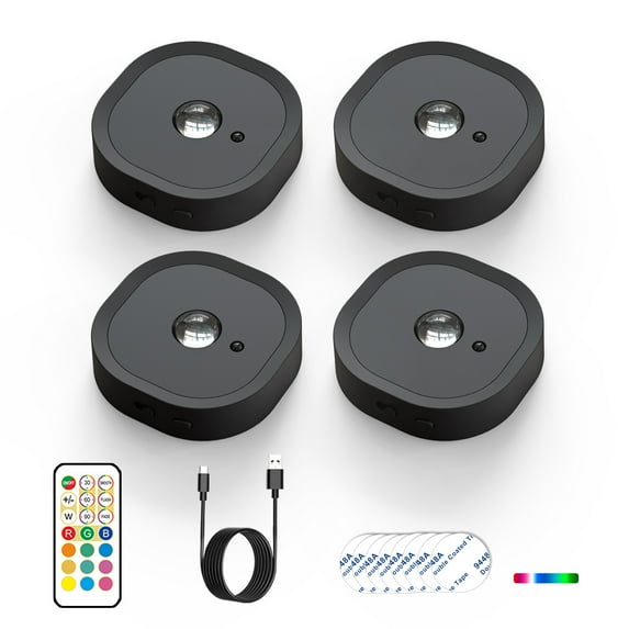 4PCS LED Under Cabinet Lighting with Remote Control,13 Color RGB Dimmable Battery Powered Kitchen Night Light for Wall, Closet, Cabinet, Staircase
