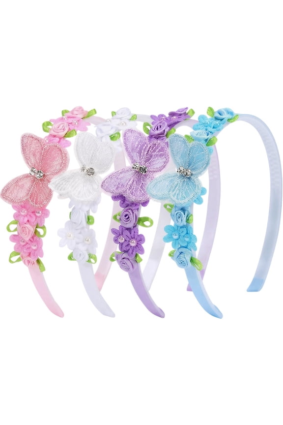 4PCS Lace Butterfly Headbands with Teeth Non-Slip Hair Hoops Floral Embroidered Fabric Hairbands for Princess Party Daily Wear Accessories Pink White Purple Blue