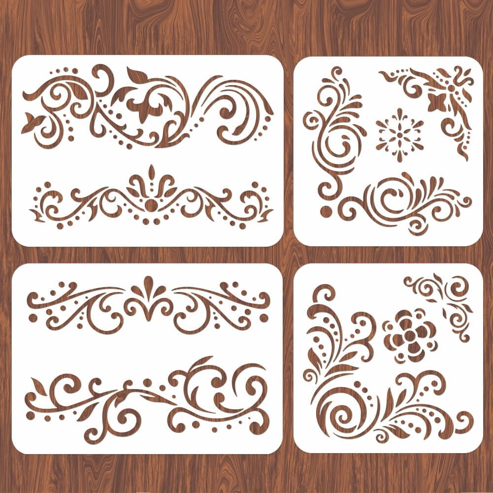 4PCS Lace Corner Stencils for Painting Reusable Flower Border W Paint Stencil Large Pattern Tile Stencil for W Painting Floor/Furniture/Glass/Wood Painting Stencils for Home Decoration