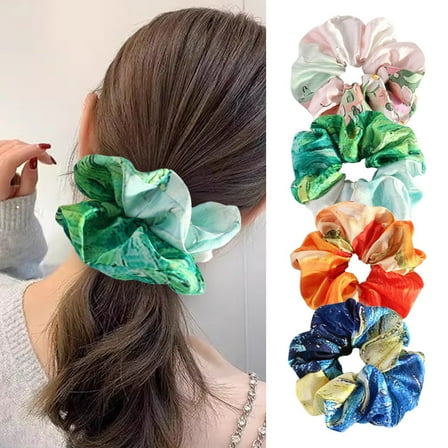 4PCS Large Satin Scrunchies, Silk Oil Painting Smudged Scrunchie for Thick long Hair Scrunchy Bobbles Oversized Hair Ties for Women Girls
