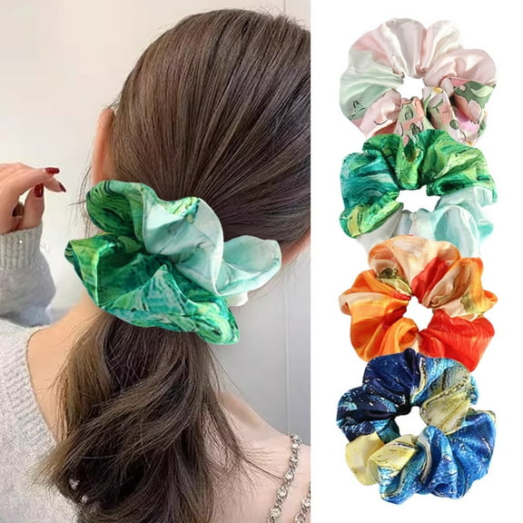 4PCS Large Satin Scrunchies, Silk Oil Painting Smudged Scrunchie for Thick long Hair Scrunchy Bobbles Oversized Hair Ties for Women Girls