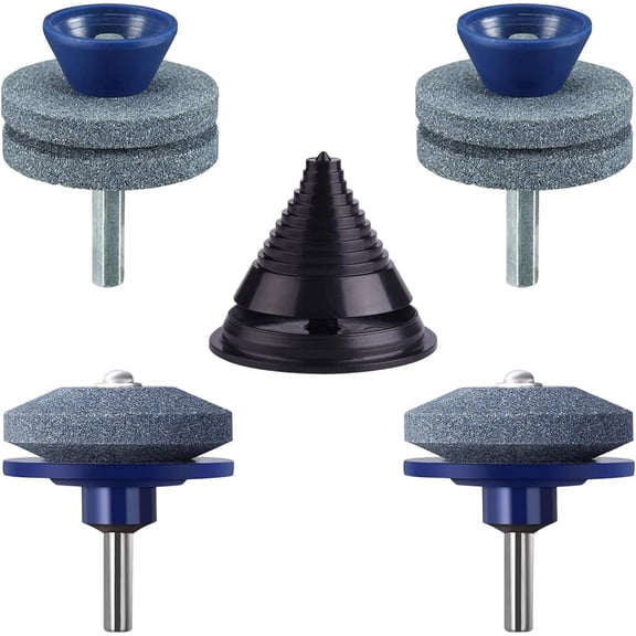 4PCS Lawn Mower Blade Sharpener with Balancer, Universal Rotary Mower Blade Sharpener for Any Power Hand Drill, Corundum Grinding Stone for Lawn Tractor Garden Tools (Blue)