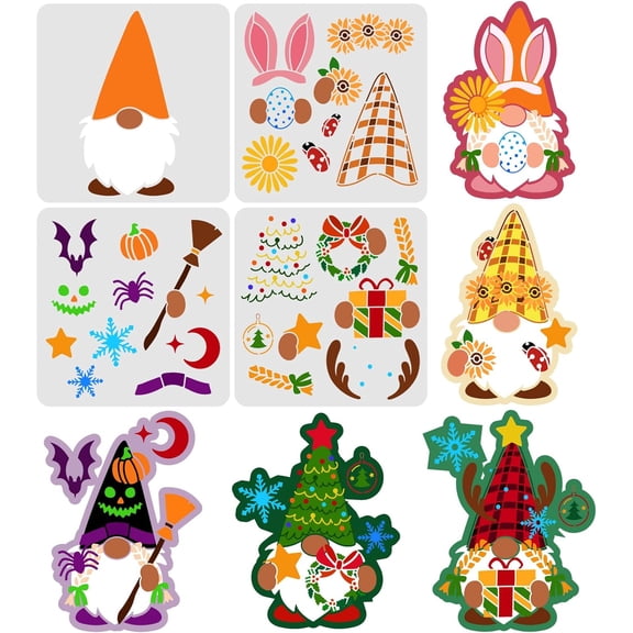 4PCS Layered Gnome Stencils 11.8x11.8 inch Sunflower Snowflake Wreath Painting Stencils Pumpkin Spider Bat Template Star Moon Ribbon Stencil for Christmas Easter Spring Decor DIY