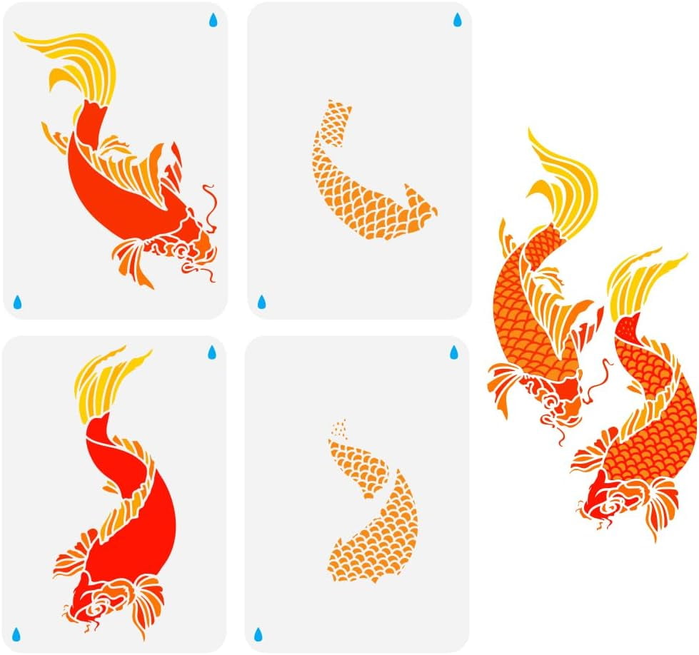 4PCS Layered Koi Fish Stencils for Painting 8.3x11.7inch Large Koi Fish ...