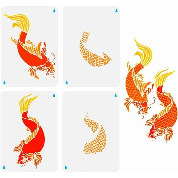 4PCS Layered Koi Fish Stencils for Painting 8.3x11.7inch Large Reusable Drawing Templates Animal Theme for Wood Fabric