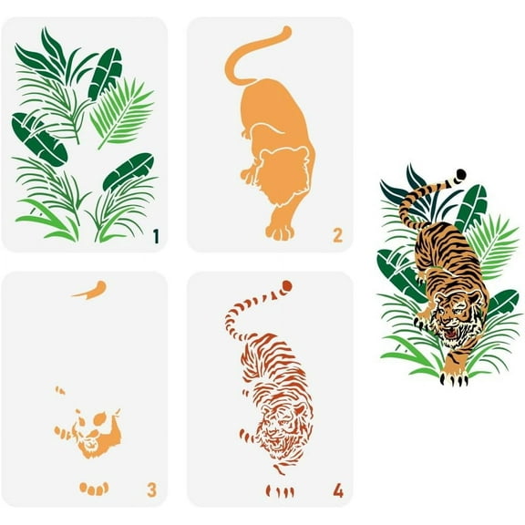 4PCS Layered Tiger Stencils for Painting 8.3x11.7inch Large Tiger Pattern Drawing Template Plastic PET Tropical Leaves Painting Stencil Hollowed Animal Theme Template for DIY Crafts