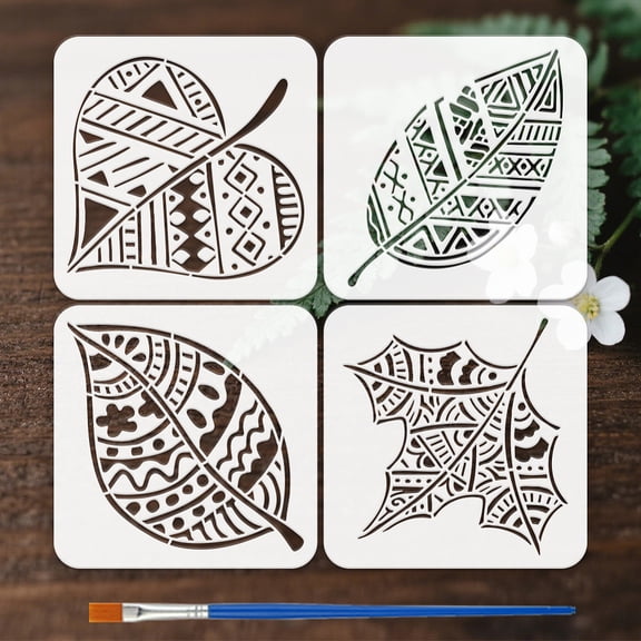 4PCS Leaf Stencil 8x8 Inch Leaf Shape Polka Dot Stripe Pattern Stencils 4 Style Plant Leaves Drawing Templates with a Brush