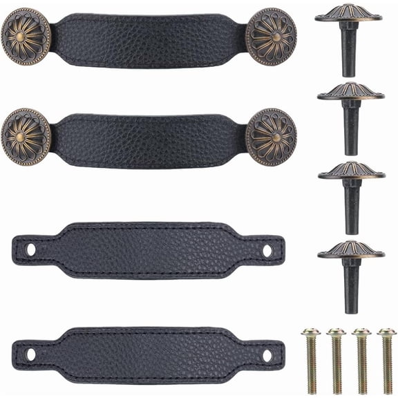 4PCS Leather Drawer Handles 152mm 5.98" Black Cabinet Pulls Dresser Knobs Door Handle for DIY Furniture Drawers Room Kitchen Holders Metal Cabinet Handles Replacement