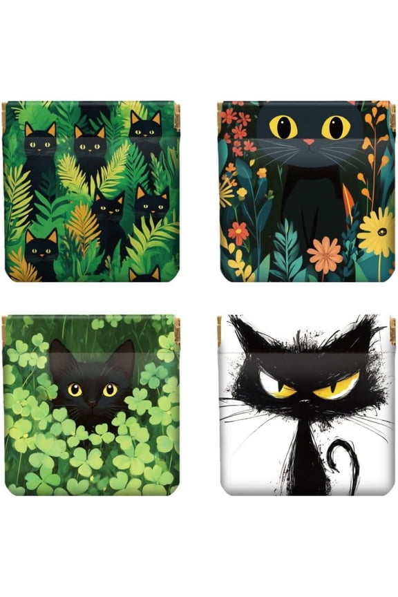 4PCS Leather Squeeze Coin Purse for Women - Cut Cat and Plant Waterproof Durable Change Pouch Mini Money Wallet Best Gift for Granddaughter Daughter Wife Girl on Birthday Anniversary