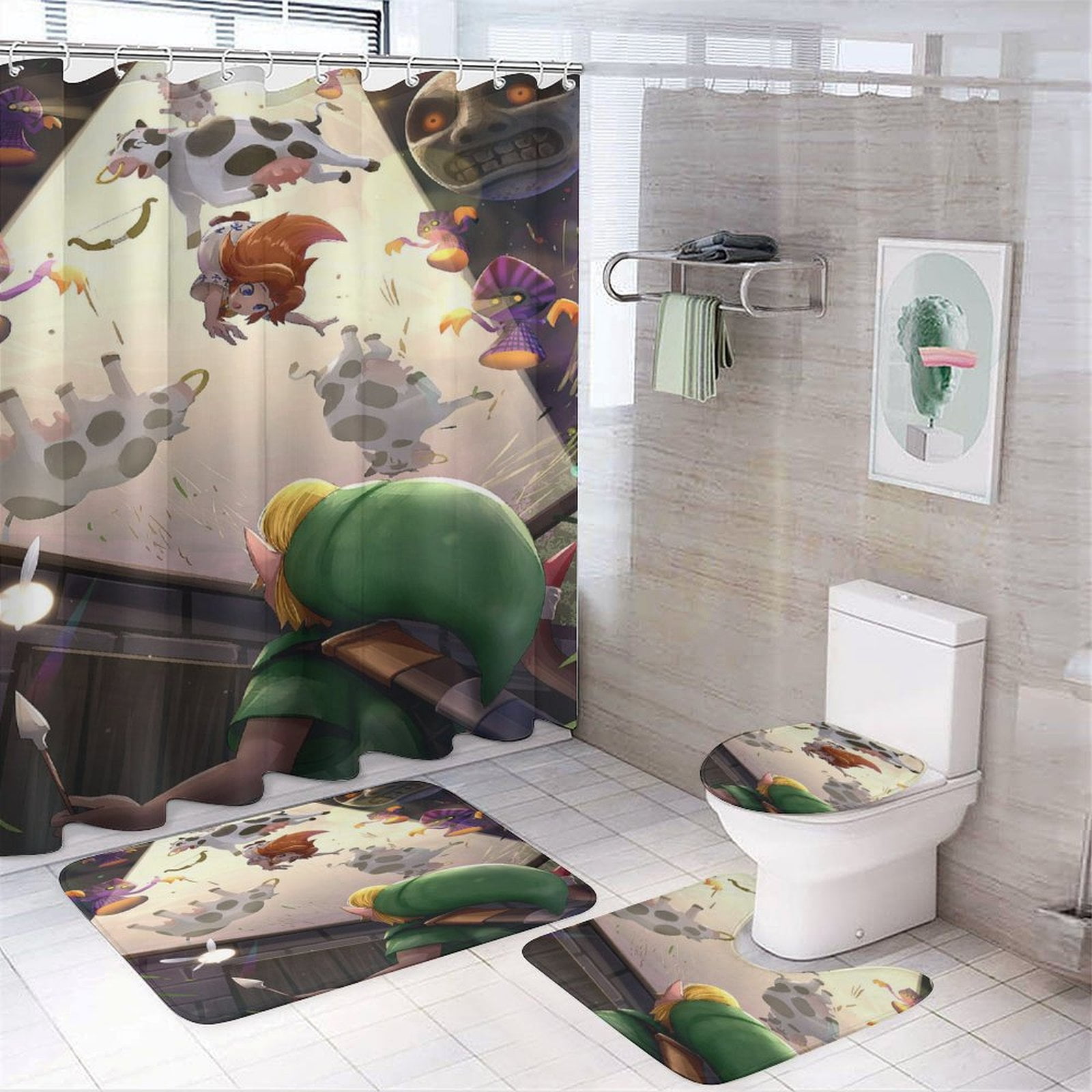4PCS Legend Of Zelda Shower Curtain Set with NonSlip Rugs Toilet Lid