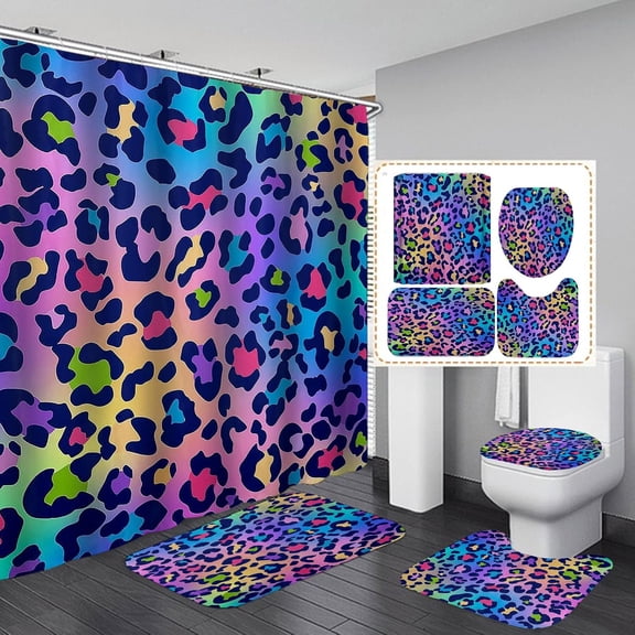 4PCS Leopard Print Shower Curtain Set, African Safari Stripes Tiger Zebra Crocodile Cow Cheetah Print Bathroom Decor, Waterproof Fabric Shower Curtain Non-slip Bath Mat Toilet Rug, Animal Skin