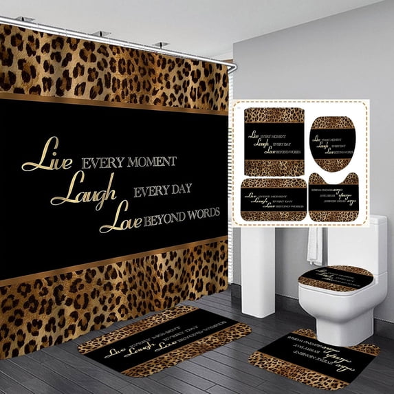 Safari Theme Shower Curtain Sets 4-Piece Waterproof Polyester 72x72 Inch, Leopard & Animal Print with Non-Slip Bath Mat, Jungle Bathroom Decor Includes 12 Hooks