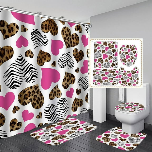 4PCS Leopard Print Shower Curtain Set with Rug, Toilet Lid Cover and Bath Mat,Red Black Splice Shower Curtain with 12 Hooks, Complete Bathroom Accessories Decor Set