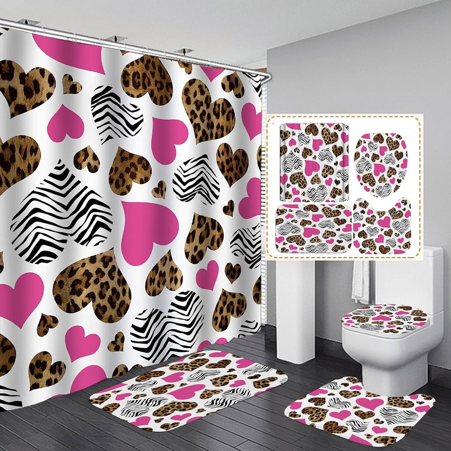 4PCS Leopard Print Shower Curtain Set with Rug, Toilet Lid Cover and