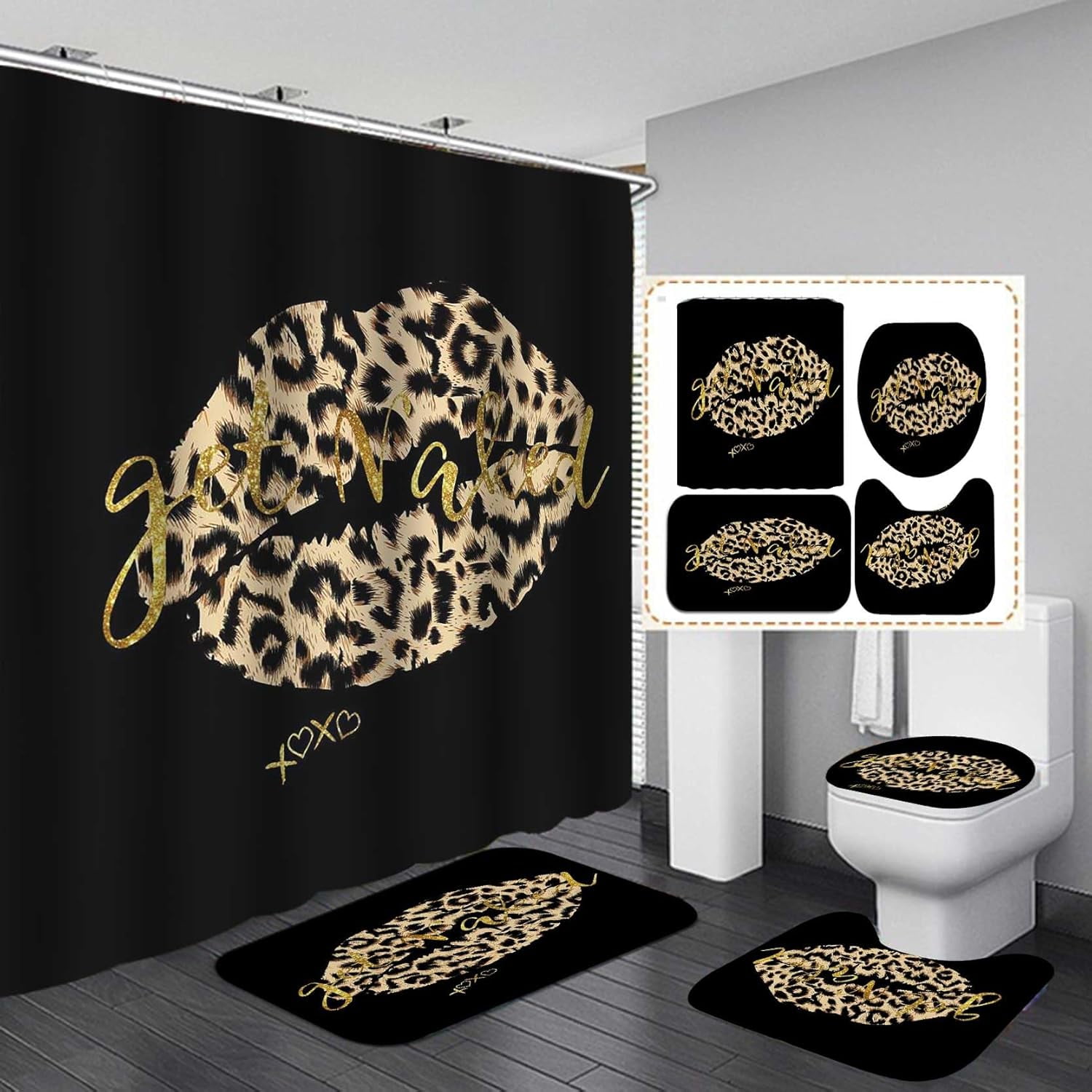 4PCS Leopard Shower Curtain Set, Brown Cheetah Print Sexy Lips Gold