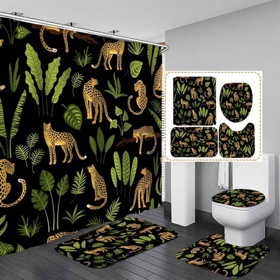 4PCS Leopard Shower Curtain Sets with Rugs, Waterproof Fabric Pink Shower Curtain, Tropical Jungle Rainforest Plant Botanical Palm Leaves Safari Wildlife Animal African Cheetah Bathroom Decor