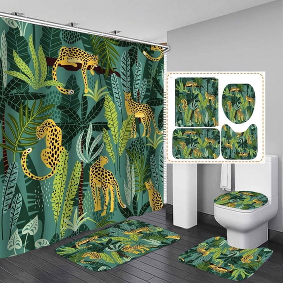 4PCS Leopard Shower Curtain Sets with Rugs, Waterproof Fabric Pink Shower Curtain, Tropical Jungle Rainforest Plant Botanical Palm Leaves Safari Wildlife Animal African Cheetah Bathroom Decor
