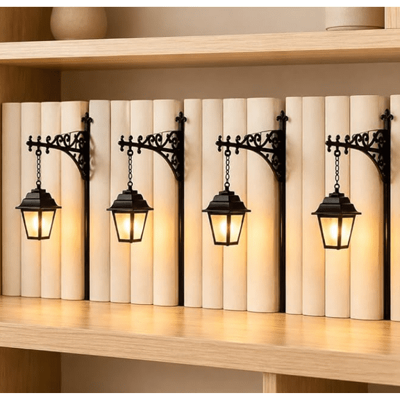 4PCS Library Lantern Decorative Bookshelf Lighting, Vintage Mini Street Lamp Book Nook Light, Black Shelf Accent Decor for Home Library, Reading Room, Office and Book Lovers