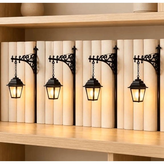 4PCS Library Lantern Decorative Bookshelf Lighting, Vintage Mini Street Lamp Book Nook Light, Black Shelf Accent Decor for Home Library, Reading Room, Office and Book Lovers