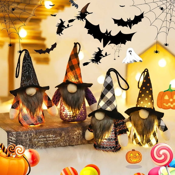 4PCS Lighted Thanksgiving Gnomes Ornaments, Led Light Halloween Hanging Gnomes Plush Decor, Handmade Autumn Fall Swedish Tomte Ornaments Thanksgiving Scandinavian Elf Doll Fireplace Table Wall Decor