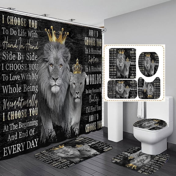 4PCS Lion King & Queen Shower Curtain Set, I Choose You Romantic Quotes Luxury Gold Crown African Wildlife Safari Animal Black Bathroom Decor, Non-Slip Bath Mat Toilet Rug, Noble Lion Couple