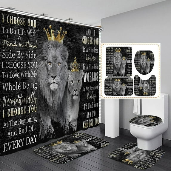 4PCS Lion King & Queen Shower Curtain Set, I Choose You Romantic Quotes Luxury Gold Crown African Wildlife Safari Animal Black Bathroom Decor, Non-Slip Bath Mat Toilet Rug, Noble Lion Couple