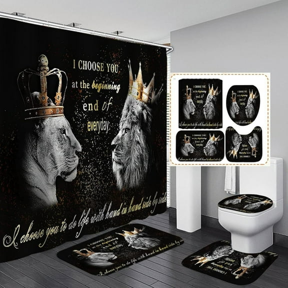 4PCS Lion King & Queen Shower Curtain Set, I Choose You Romantic Quotes Luxury Gold Crown African Wildlife Safari Animal Black Bathroom Decor, Non-Slip Bath Mat Toilet Rug, Noble Lion Couple