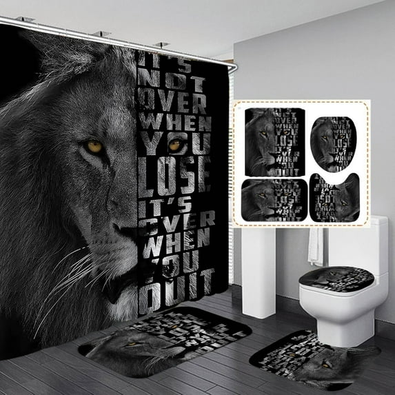 4PCS Lion King & Queen Shower Curtain Set, I Choose You Romantic Quotes Luxury Gold Crown African Wildlife Safari Animal Black Bathroom Decor, Non-Slip Bath Mat Toilet Rug, Noble Lion Couple