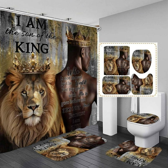 4PCS Lion King Shower Curtain Sets with Rugs, Waterproof Fabric Shower Curtain, Inspirational Quotes Gold Crown Black Man Safari Wildlife Afro Wild Animal African American Men Bathroom Decor