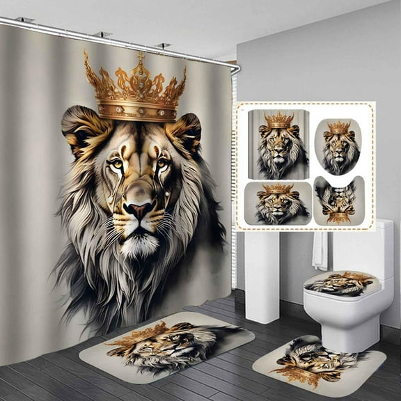 4PCS Lion King Shower Curtain Sets with Rugs, Waterproof Fabric Shower Curtain, Inspirational Quotes Gold Crown Black Man Safari Wildlife Afro Wild Animal African American Men Bathroom Decor