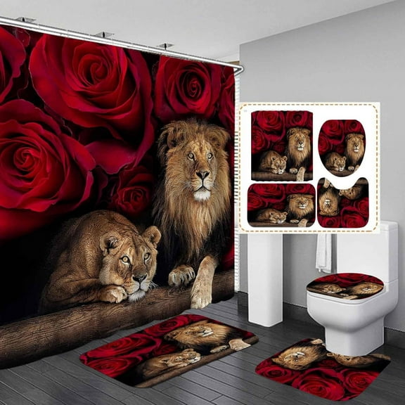 4PCS Lion Shower Curtain Set, Lion Couple Royal Blue Rose Floral African Wildlife Safari Wild Animal Bathroom Decor, Waterproof Fabric Shower Curtain, Non-Slip Bath Mat Toilet Rug