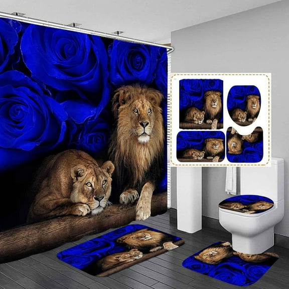 4PCS Lion Shower Curtain Set, Lion Couple Royal Blue Rose Floral African Wildlife Safari Wild Animal Bathroom Decor, Waterproof Fabric Shower Curtain, Non-Slip Bath Mat Toilet Rug