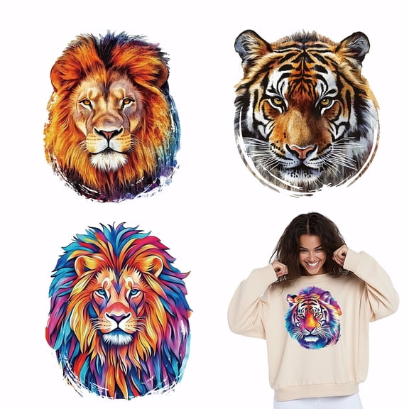 4PCS Lion and Tiger Iron On Transfer Patches Animal Heat Transfer Stickers DIY Iron On Decals Washable Heat Transfer Paper for Clothing T-Shirt
