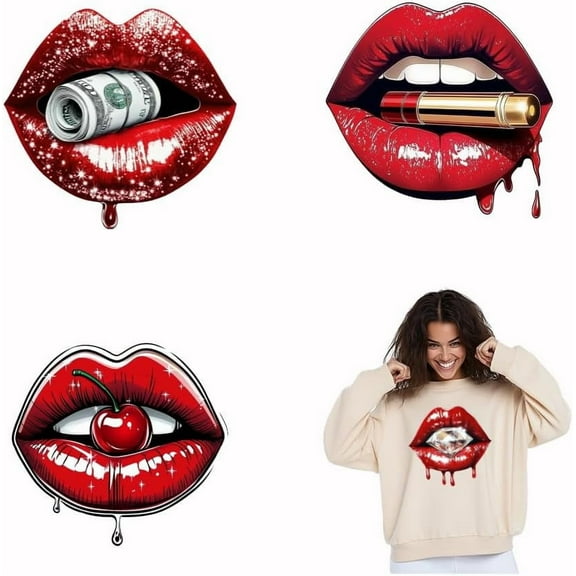 4PCS Lip Iron On Transfer Patches Red Lip Heat Transfer Stickers DIY Iron On Decals Washable Heat Transfer Paper