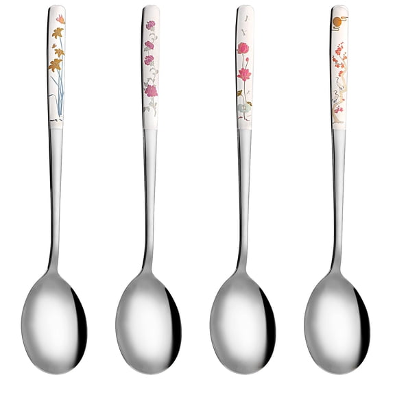 4PCS Long Handle Stainless Steel Soup Spoons with Floral Designs 8 Inch 304 Material