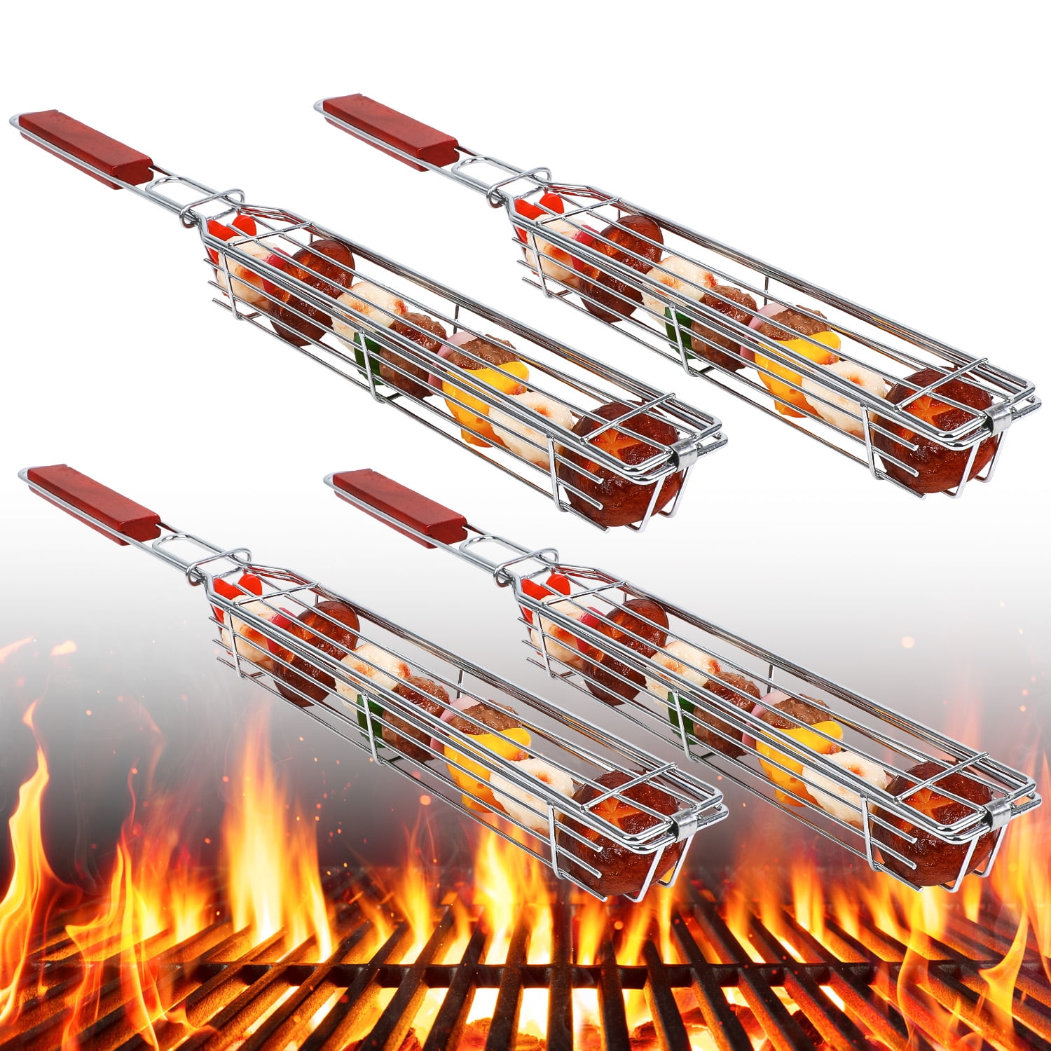 4PCS Long Stainless Steel Kabob Grilling Baskets, 19" Portable Grill
