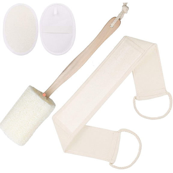 4PCS Loofah Exfoliating Back Scrubber Set, Natural Body Bath Sponge Pad,Double Side Scrubbing Strap,Back Exfoliator with Long Wooden Handle for Skin Care