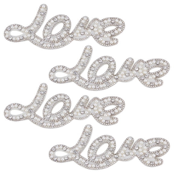 4PCS Love Pearl Rhinestone Appliques Sew on Love Words Cloth Craft Patches White Glass Rhinestone Plastic Pearl Sewing Embellishment DIY