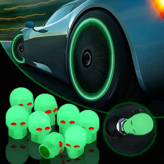 4PCS Luminous Skull Tire Valve Caps – Universal Car Accessories, Handmade Rhinestone Stem Covers, Glowing Wheel Nozzles for Cars, Motorcycles & Bikes