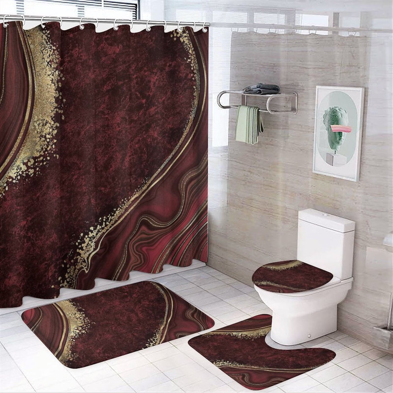 4PCS Luxury Marble Shower Curtain Sets, Bathroom Sets with Shower ...