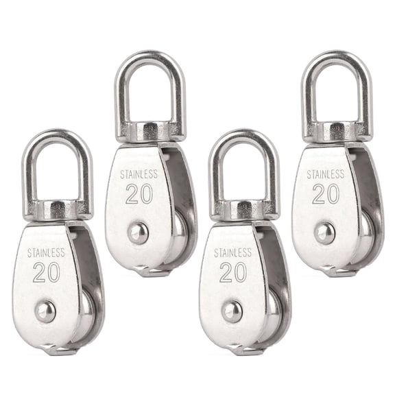 4PCS M20 Single Pulley Snatch Block 304 Stainless Steel Lifting Crane Swivel Hook, 1/4" Rope x 3/4" Sheave