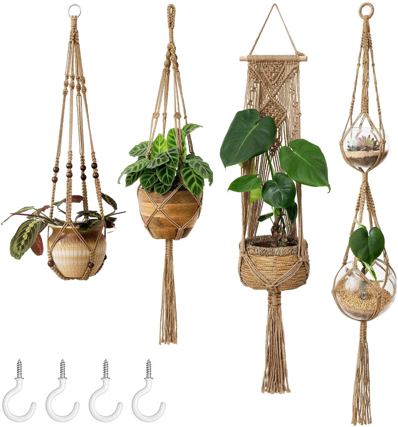 4PCS Macrame Plant Hangers, Indoor Hanging Planter Basket, Wall Decorative Flower Pot Holder with 4 Hooks for Indoor Outdoor Home Decor Gift Box