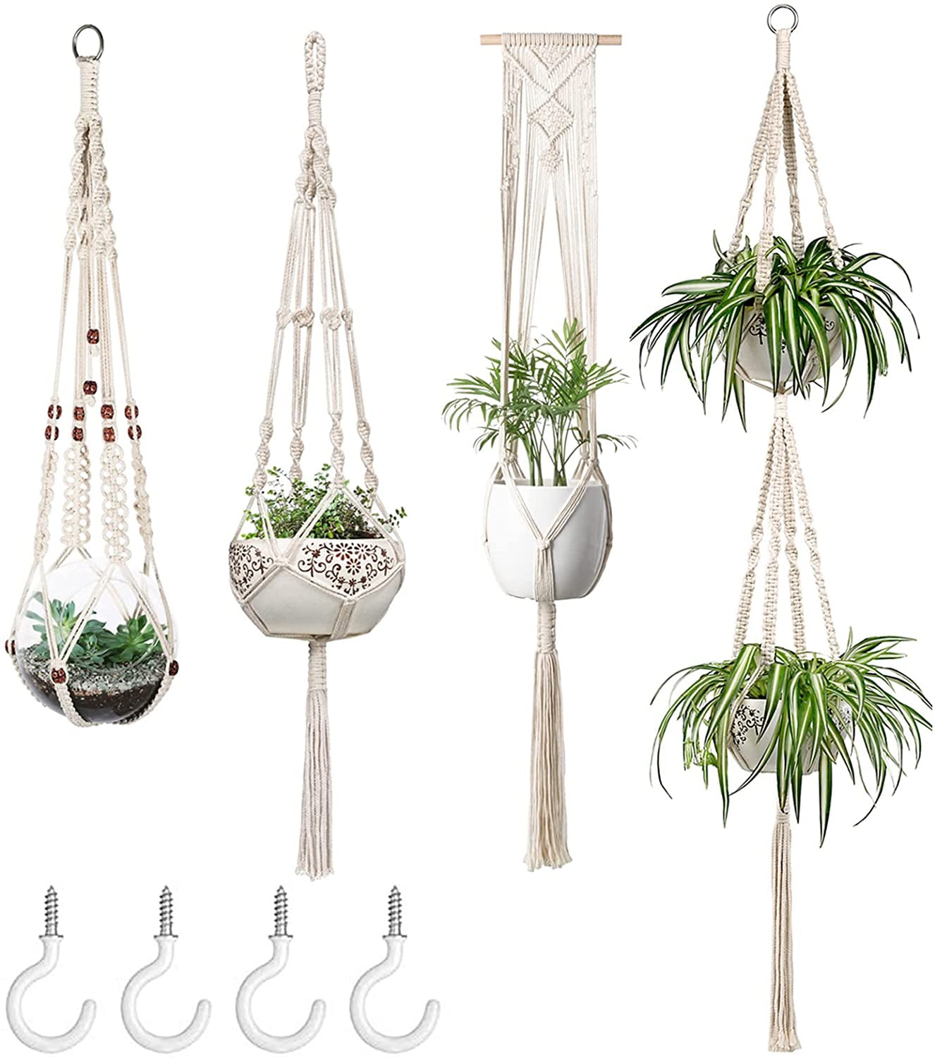 4PCS Macrame Plant Hangers, Indoor Hanging Planter Basket, Wall Decorative Flower Pot Holder with 4 Hooks for Indoor Outdoor Home Decor Gift Box