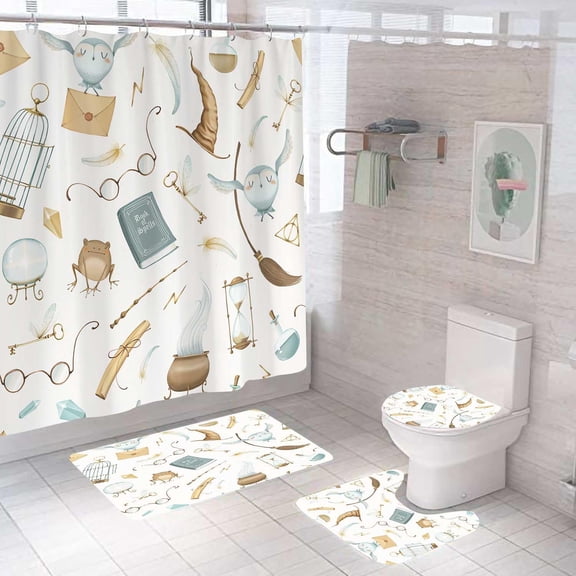 4PCS Magic Castle Shower Curtain Sets with Rugs, Witchy Magical Shower Curtain, Waterproof Fabric Shower Curtain, Haunted Mansion Mysterious Wizard Full Moon Fairy Tale Castle Bathroom Decor