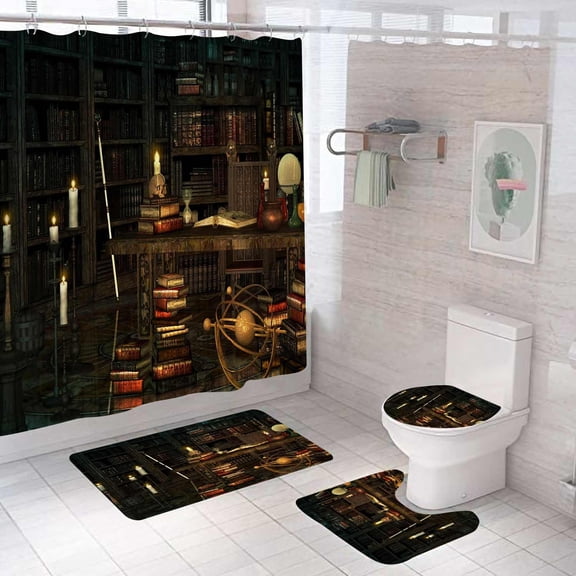 4PCS Magic Castle Shower Curtain Sets with Rugs, Witchy Magical Shower Curtain, Waterproof Fabric Shower Curtain, Haunted Mansion Mysterious Wizard Full Moon Fairy Tale Castle Bathroom Decor