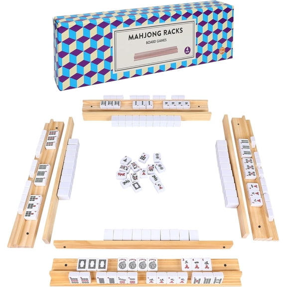 Fugocen 4PCS Mahjong Racks with Pushers, Wooden Majiang Tile Racks, Mahjong Racks with Magnetically Attached Built-in Pushers