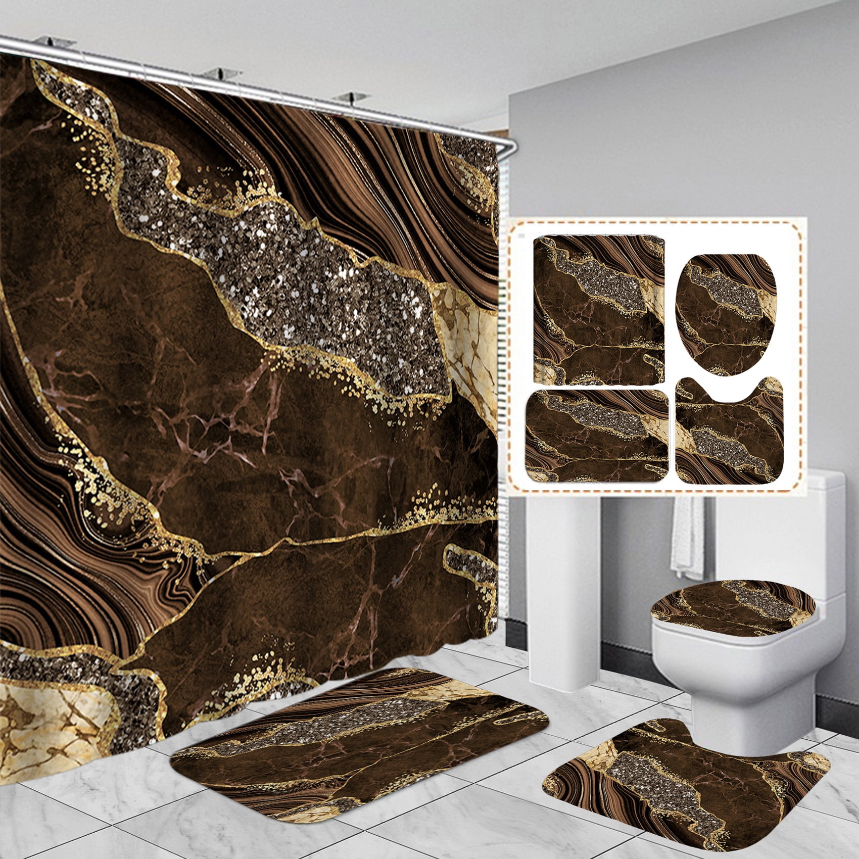 4PCS Marble Shower Curtain Sets, Modern Bathroom Sets with Shower ...