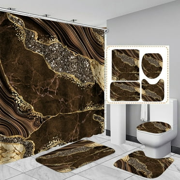 4PCS Marble Shower Curtain Sets, Modern Bathroom Sets with Shower Curtains, Toilet Lid Rug, Contour Mat and Bath Mat, Bathroom Decor Luxury Shower Curtain with 12 Hooks, 72 x 72 Inch, Brown